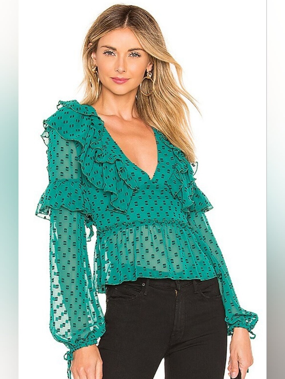 Tularosa Mabel Top Teal Ruffle Deep V Swiss Dot Peplum Revolve Blouse Small